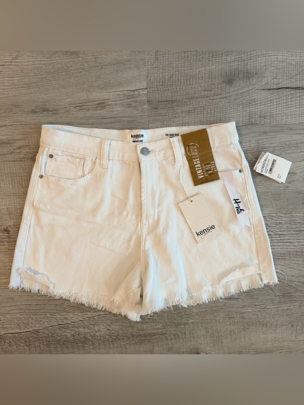Kensie White Denim Frayed Hem High-Rise Shorts